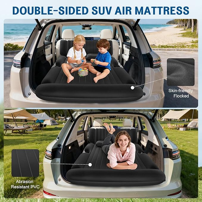 SUV Air Mattress - Thickened Car Air Mattress with Electric Pump Portable Inflatable Car Bed with 2 Pillows Camping Mattress Back Seat for SUV Trunk Travel Home (Black)