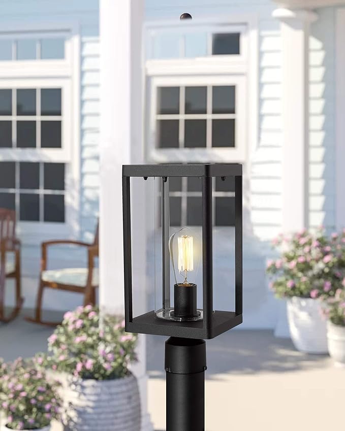 Beionxii Outdoor Post Lantern 20inch Large Modern Lamp Post Light Fixture Exterior Pillar Lights with Pier Mount Base Black Cast Aluminum w/Clear Cylinder Glass - A291P-2PK (NOT Solar 110-120V AC)