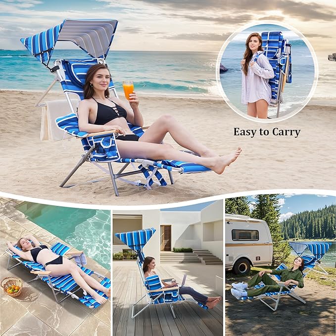 70'' Extra Long Beach Lounge Chair Tanning Chair with Canopy &amp Face Holes &amp Arm Holes &amp Storage Pocket Foldable Recliner with Carry Strap (1 Navy Stripe)