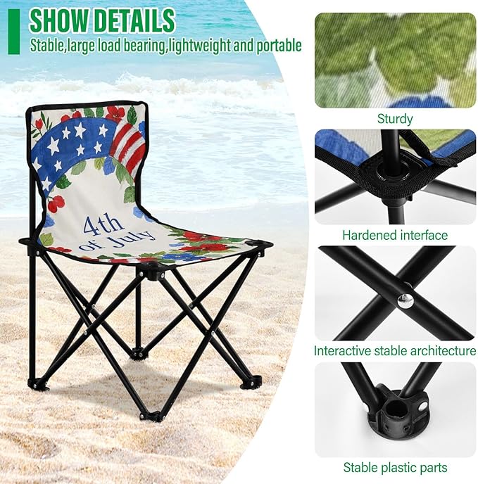 KLL 4th of July Independence Day Red and Blue Garland Compact Foldable Chairs Ultra Lightweight Packable Chair with Carrying Bag Ice Fishing Chair with Back for Outdoor Travel