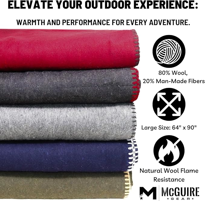 M MCGUIRE GEAR Heavy Duty Wool Blanket Survival Emergency and First Aid Use – Mil-Spec Fire Retardant Durable Outdoor Wool Blankets for Camping. - OD Green (64 x 90 inches)