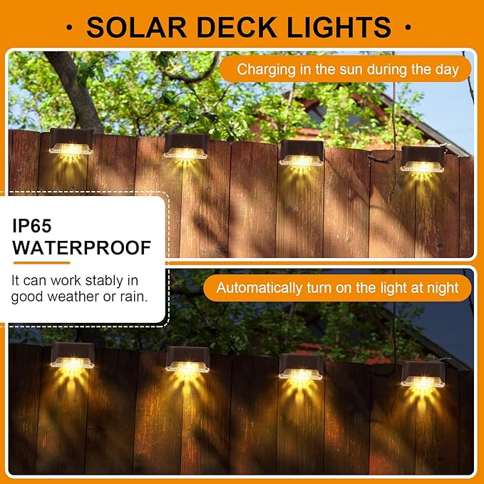 Geelin 32 Pcs Solar Deck Lights Outdoor Waterproof LED Solar Step Fence Lights for Stairs Step Railing Patio Driveway Garden Pathway and Yard(Brown Shell Warm White Light)