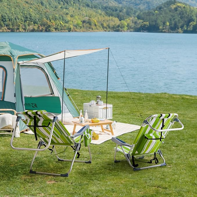 2 Pack Tall Beach Chairs for Adults 5-Position Reclining Backpack Beach Chair with Cooler Pouch Portable Lightweight Folding Aluminum Beach Chair with Cup Holder Supports 220lbs Green Stripes