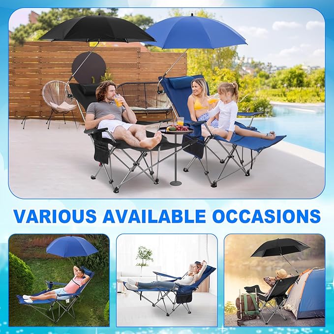 2 Set Reclining Camping Chair with Umbrella Clamp Adjustable Beach Chair with Foot Rest SPF 50+ Folding Shade Camping Lounger Recliner for Adult Outdoor(BlackBlueOxford)