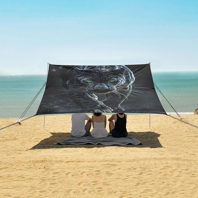 Black Leopard Beach Tent Sun Shelter 9.2' x 10.5' Beach Canopy with 4 Sandbags 4 Stability Poles Sand Shovels - Tent Canopy for Beach Camping Fishing Picnics