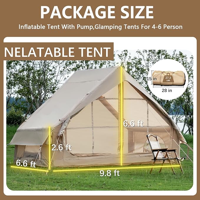 4-6 Person Inflatable Camping Tent with Pump - 4 Season Waterproof Glamping Tent 410D Oxford Fabric with 12 Mesh Windows Easy 5-Minute Setup for Family Outdoor Adventures