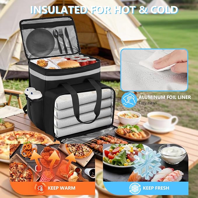 Food Delivery Bag Expandable Delivery Backpack with 4 Cup Holders Large Insulated Pizza Bag for Hot/Cold Food Reflective Bike Courier Backpack Fits Uber Eats DoorDash Grubhub Camping Black