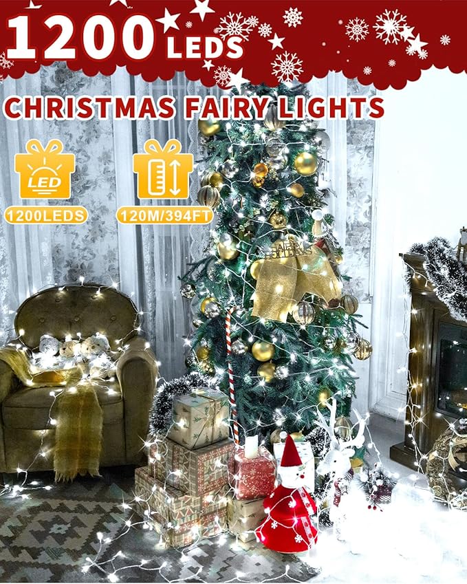 Christmas Lights String Outdoor Indoor Xmas Tree Decorations Lights Plug in Twinkle Fairy Light with Remote Timer Dimmable for Room Yard Holiday Party Wedding Decor (Cold White 403FT 1200 LED)