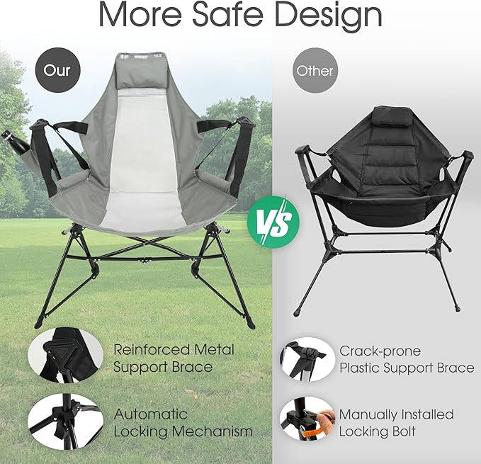 HOMEFUN Hammock Camping Chairs Set of 2- Portable Swinging Chair for Adults with Stand and Storage Bag Oversized Folding Rocking for Lawn Camp Fishing Hiking Gray