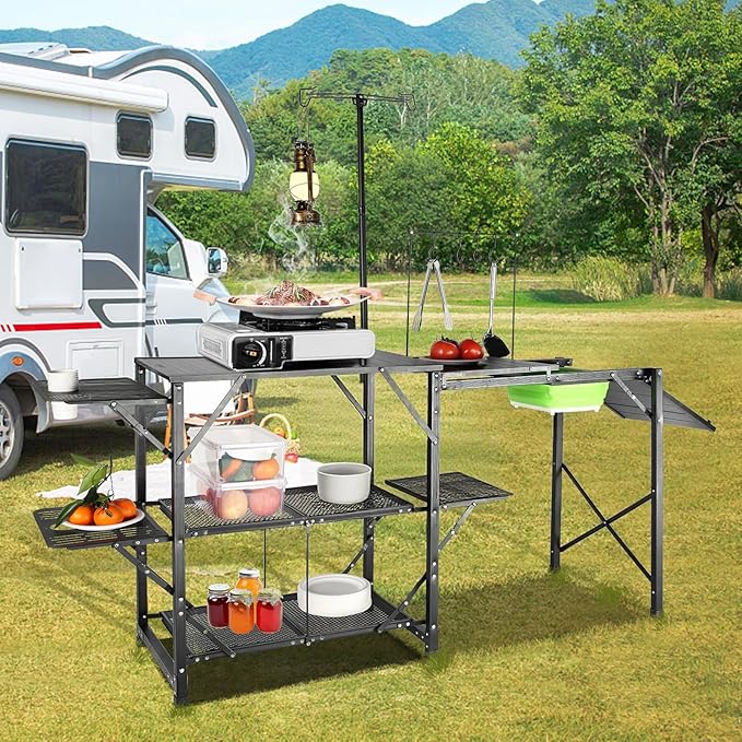 VEVOR Camping Kitchen Table with Sink Aluminum Folding Portable Outdoor Cook Station 2 Shelves &amp Carrying Bag for Picnic BBQ Beach Traveling