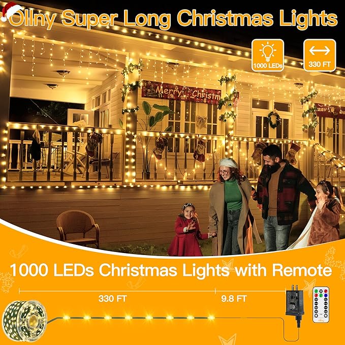 Ollny Christmas Lights 1000 LED 330 FT IP67 Waterproof Plug in Christmas Tree Lights with Remote 8 Modes 3 Timers Dimmable House Xmas Indoor Decorations String Light (Warm White) (Pack of 2)