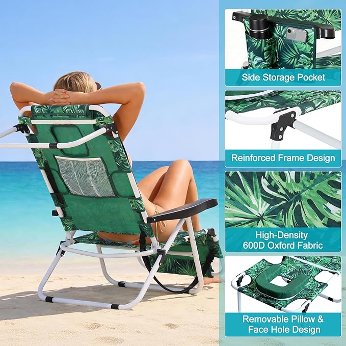 MOPHOTO 3 in 1 Beach Chairs Heavy Duty Beach Tanning Chair for Adults Lay Flat Recliner with 5-Position Adjustable Backrest Folding Outdoor Chair for Beach Pool Patio Camping