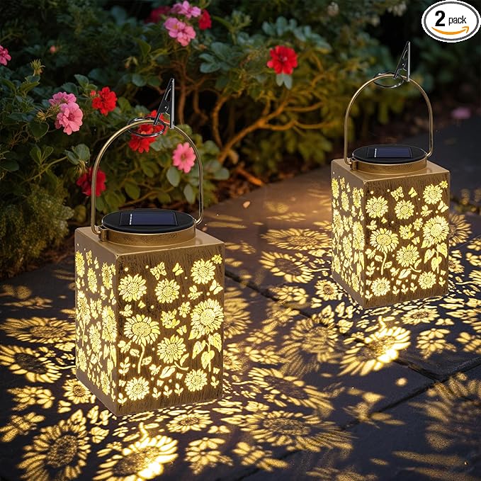 2 Pack Solar Lanterns - Waterproof Metal Hanging Solar Lights Outdoor Decorative Solar Powered LED Lamp for Patio Tabletop Porch Deck Yard Garden Decor for Outside (Sunflower)