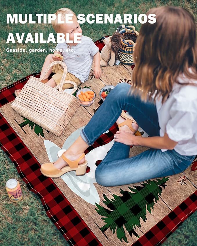 Beach Blanket Waterproof Sandproof OversizedChristmas Cute Snowman Tree Winter Snowflake Beach Mat with Corner Stakes Sand PocketsRed Buffalo Plaid Retro Plank Picnic Mat for Travel 83x79In