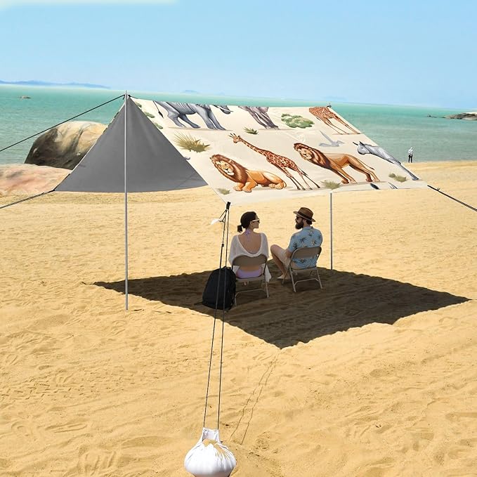 Lion Elephant Gazelle Rhinoceros Cheetah Antelope Camping Sun Shelter Beach Tent Portable Beach Sun Shade Outdoor Canopy for Camping Trips Fishing Picnic