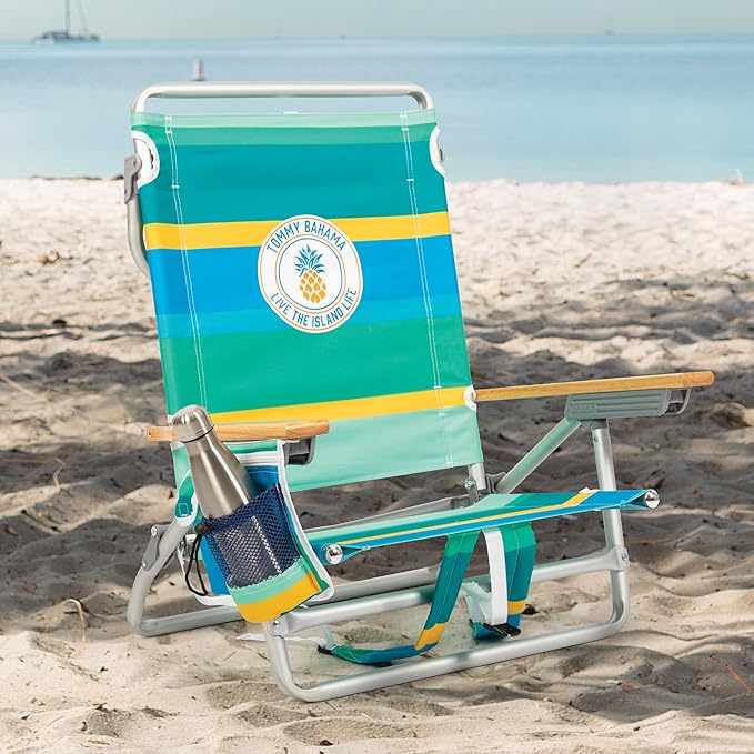 Tommy Bahama 5-Position Classic Lay Flat Backpack Cooler and Cup Holder Beach Chair Portable Folding Beach Chair for Tanning 2-Pack Stripe