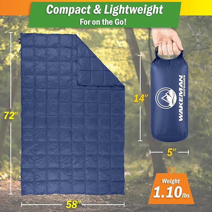 Down Camping Blanket Packable 78x52” Ultralight Compact Travel Blanket with Bag - Puffy Wearable Sleeping Gear for Camp Hiking Backpacking Stadium Festivals or Beach by Wakeman Outdoors (Blue)