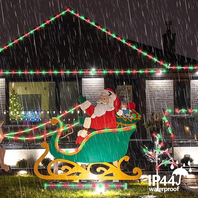 YEGUO Solar Christmas Light Outdoor Waterproof 66ft 200 LED Red and Green Rope Lights 8 Modes Tube String Lights in Clear Thin Tube