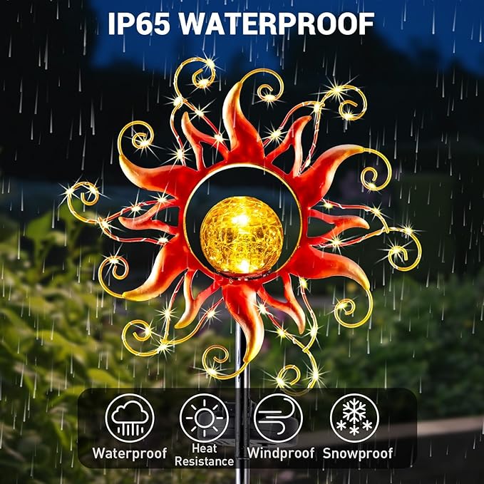 Solar Lights Outdoor Waterproof Red Sun Metal Crackle Glass Stake Decorative for OutsideYardLawnPatioWalkway Mothers'Day Gifts Mom Grandma Garden Lover