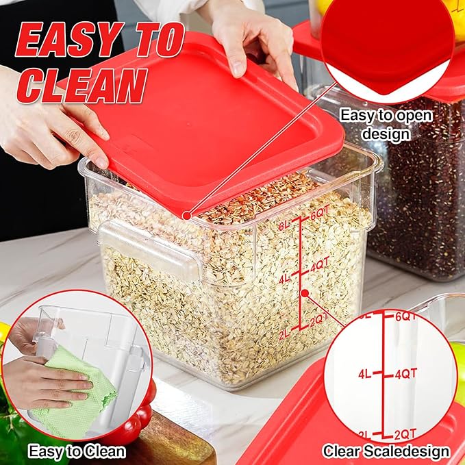 Square Food Storage Containers with Lids 4-Pack Lock-Tight Seal for Flour Sugar Cereal Keep Food Fresh BPA-Free Stackable Kitchen Canisters with Measurements (Red 6QT-4PACK)