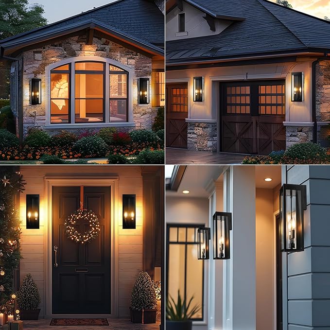 Outdoor Wall Lights 16 Inch Large 2 Pack Black Modern Exterior Lighting Fixtures Wall Mounted with 2-Candle Light Waterproof Outside Wall Sconces Coach Lamps Porch Lanterns for House E12