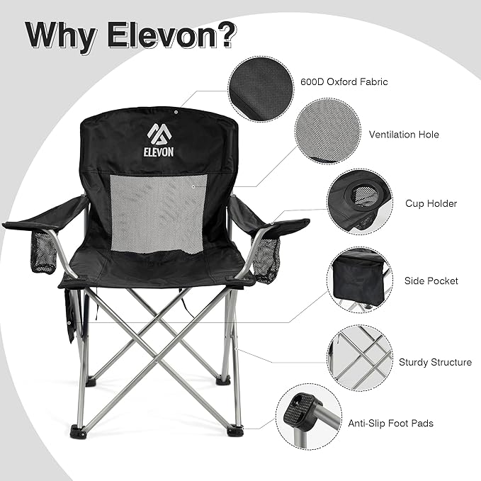 Elevon Camping Chair Portable Folding Outdoor Chair with Arms Cup Holder and Carry Bag