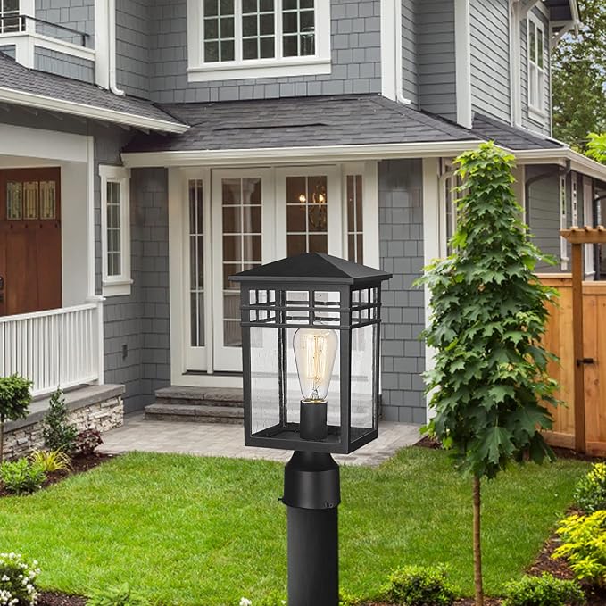 Outdoor Post Light Fixture Modern Exterior Pillar Lantern with Black Finish &amp Seeded Glass Pole Light for Garden Backyard Courtyard Patio Porch RZ009-P BK