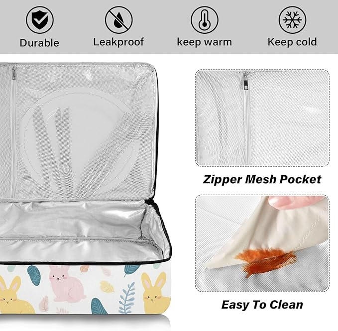 Casserole Carrier Rabbit Pattern PrintInsulated Casserole Carrier for Hot or Cold Food Thermal Lunch Tote for Potluck Parties Picnic Beach Fits 9 x 13 Inches Baking Dish
