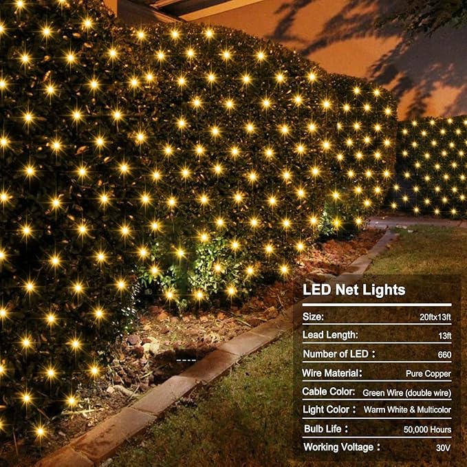 ZAIYW Dual Color Changing Net Lights 20Ft x13Ft 660 LED Christmas Net Light Outdoor Mesh Lights Green Wire Plug in with Timer Remote for Bushes Garden Wedding Xmas Decor (Warm White &amp Multicolor)