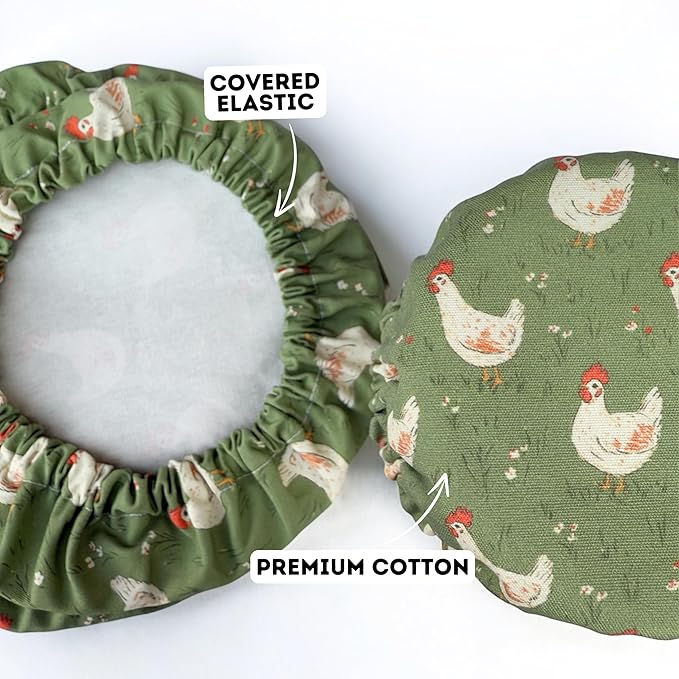 (4-Pack) Sourdough Reuseable Jar &amp Bowl Covers | Cute Baking Gift | 100% Cotton | Washable | Bread Proofing | Kitchen Food Storage Gifting | Starter Cover Lid Kit (Chickens)