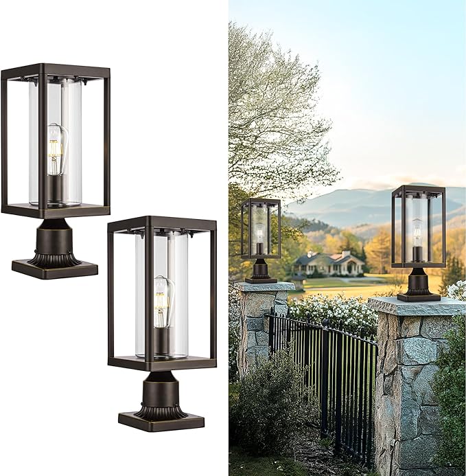 Beionxii Outdoor Post Lights 20in Post Lantern with Pier Mount Base Aluminum Street Lights with Glass Fence Post Deck Lighting for Garden Patio Pathway BXA291-P-2PK-O (NOT Solar 110-120V AC)