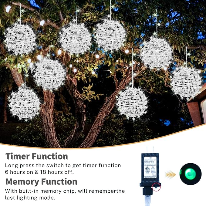 Outdoor Christmas Balls Lights 4 Pack Hanging 7.9 LED Garden Sphere Tree Lights 8 Modes Waterproof Glow Globe Light with Memory Timer Plug for Yard Porch Eave Patio Home Bedroom Decoration-Cool White