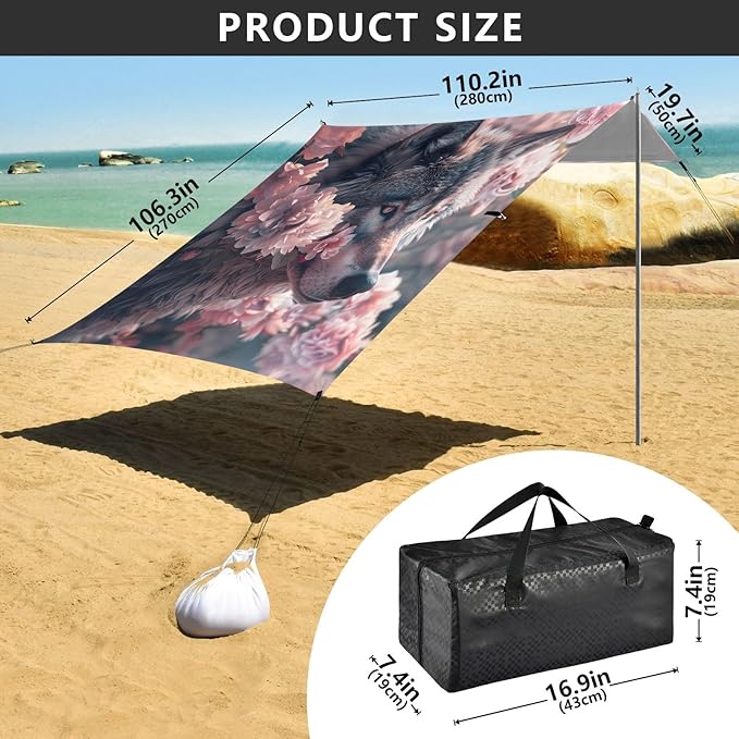 Camping Sun Shelters Wolf in Pink Flowers Beach Canopy 126 * 110.2in