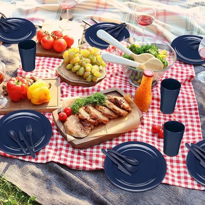 Tioncy 29 Pcs Mess Kit for Camping 4 People Camping Bowls Plates Cups Utensils Set Plastic Reusable Unbreakable Dinnerware Set with drawstring Bag for Travel Picnic Outdoor Dishwasher Safe