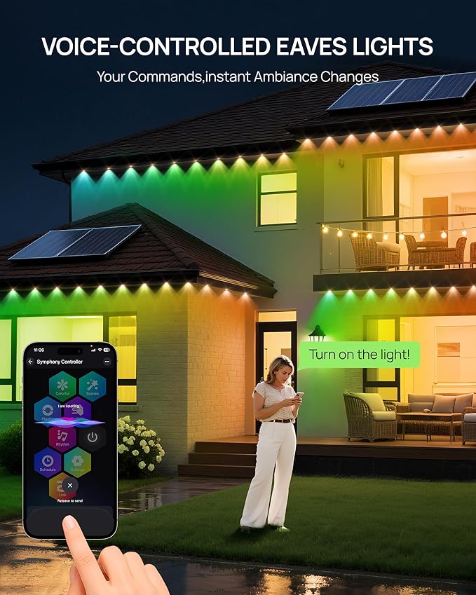 VCOKEN Permanent Outdoor Lights 111FT with Smart 72 RGB LED Light for House &amp Outdoor Decor DIY Scene Mode IP65 Waterproof Eaves Lighting with App Control Remote for Christmas and Holiday Decor