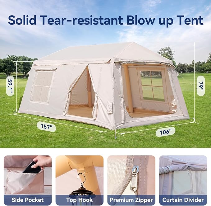 Inflatable Tent for Camping Waterproof Oxford Large Blow Up Hot Tent with Pump Easy Setup Inflatable Glamping House Air Tent for Family 4/6/8/10/12 People