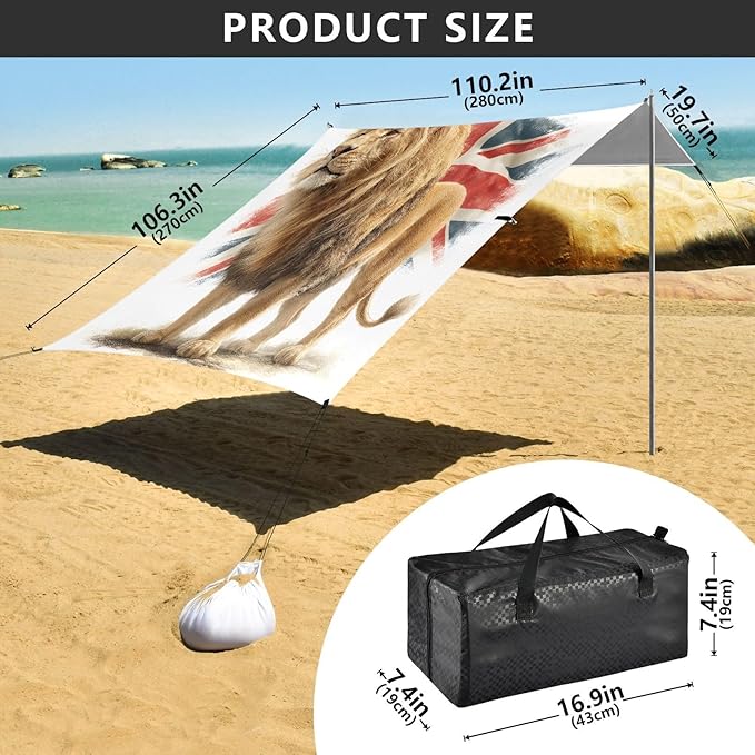 ALAZA Lion British Flag Beach Tent Sun Shelter UPF50+ Protection Beach Shade Canopy w/ 4 Sandbags for Outdoor Camping Fishing Backyard Fun Picnic 10x9 ft