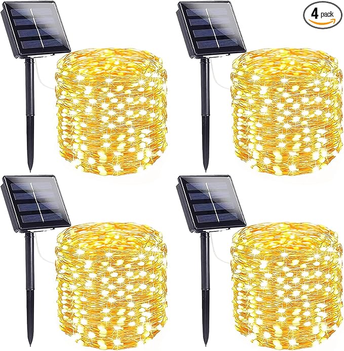 4-Pack Solar String Lights for Outside Total 400LED Solar Fairy Lights Waterproof Outdoor Twinkle Lights Copper Wire 8 Modes Solar Outdoor Lights for Xmas Tree Garden Party Wedding Decor(Warm White)