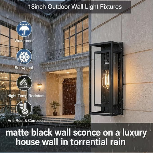 18inch Outdoor Wall Light FixturesExterior Waterproof LanternsPorch Sconces Wall Mounted Lighting with E26 Sockets &amp Glass ShadesModern Matte Black Wall Lamps for Patio Front Door Entryway (1 P