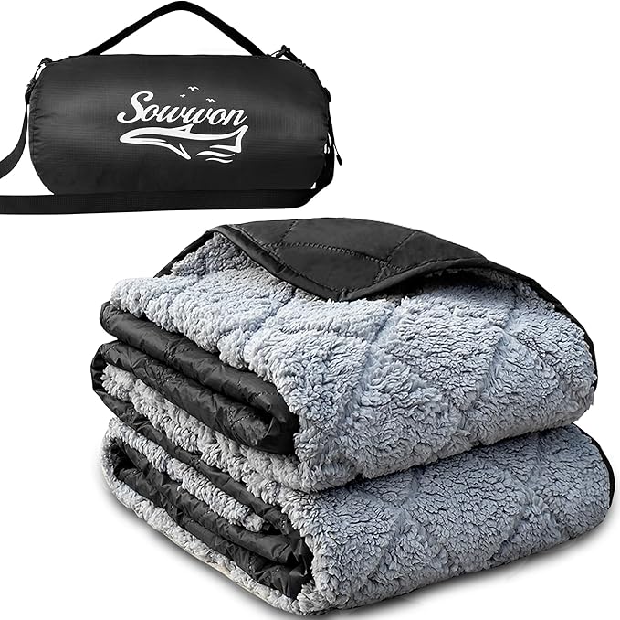 Waterproof Outdoor Blanket 82”X 55” Packable Stadium Blankets for Camping with Sherpa Fleece Lining Large Windproof Emergency Throw for Garss Picnic Hiking Road Trip Machine Washable Black 300GSM