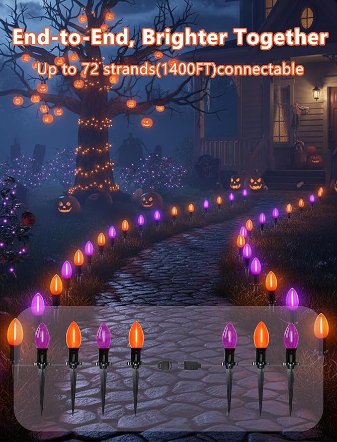 Halloween Pathway Lights 10 Pack C9 LED Stake Lights with Purple &amp Orange Bulbs 19.5ft Extendable Outdoor Walkway Lights for Garden Yard Driveway Porch &amp Sidewalk Halloween Decorations