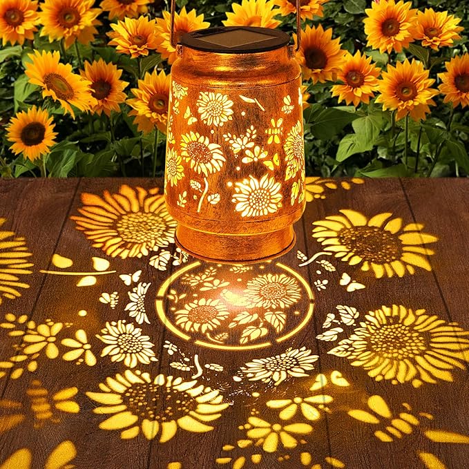 Sunflower Solar Lanterns Outdoor Waterproof Gifts for Women Mom Grandma Birthday Metal Hanging Lantern Solar Lights LED Decoration with Shepherd Hook Outside for Yard Patio Porch Garden Decor