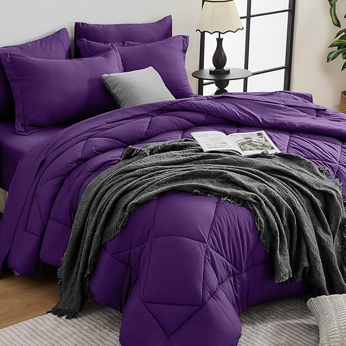 HEVUMYI Purple King Comforter Set - 7-Piece All Season Bed in a Bag King Ultra Soft Bedding Set with Comforter Flat Sheet Fitted Sheet Pillowcases Pillow Shams