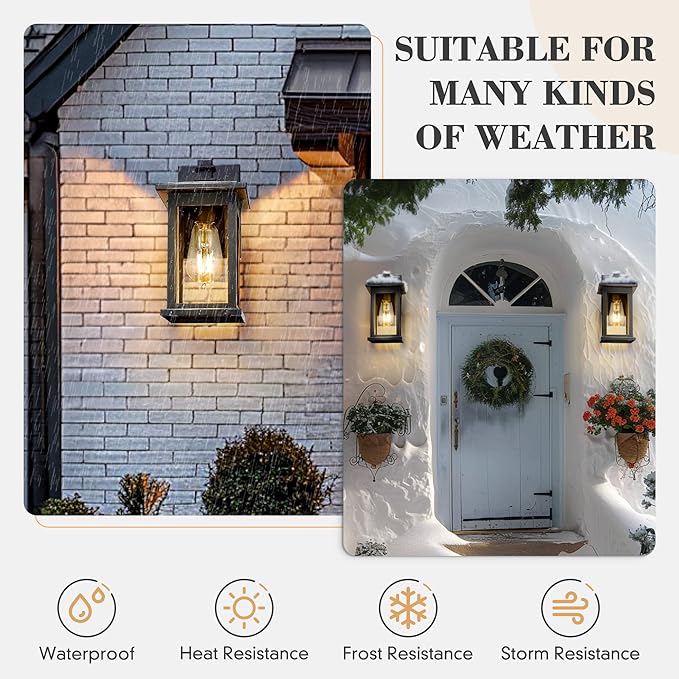 Emliviar 2 Pack Dusk to Dawn Outside Wall Mount Lighting 11.8 inch Exterior Light Fixture with Clear Glass Black Finish 1803EW1-PC-2PK BK