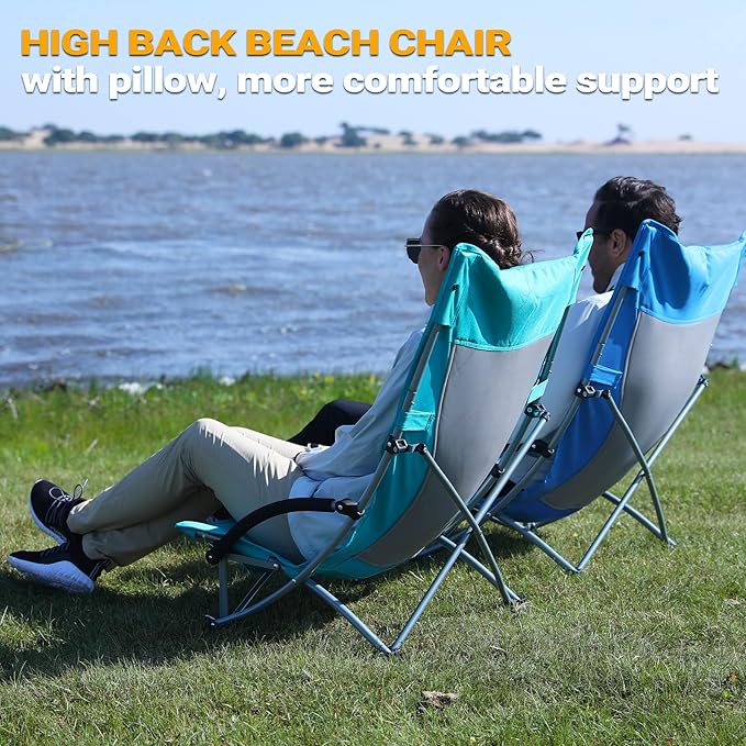 KingCamp Low Beach Chair High Back Folding Camping Chair for Adults Oversized Breathable Mesh Seat 300lbs Heavy Duty Portable Chair with Cup Holder &amp Storage Pockets for Beach Outdoor
