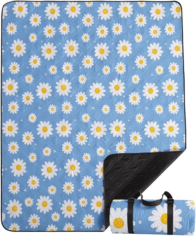 Outdoor Picnic Blanket Portable Ultrasonic Waterproof Picnic Blue Daisy Flower Printed Camping Beach Mat for Sand and Wet Grass Hiking (Blue Daisy S