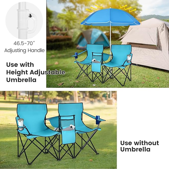 Double Camping Chair 2-Person Portable Beach Chair w/Removable Umbrella Cup Holders &amp Carrying Bag Folding Loveseat Chairs for Adults Outdoor Picnic (Turquoise)
