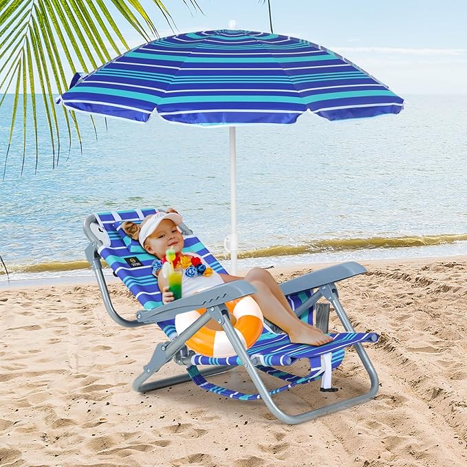 Nice C Toddler Beach Chair Kids Beach Chair with Umbrella Backpack Beach Folding Chairs Backpack Camping Chairs 5-Position Reclining with Cup Holder for Beach Camping Picnic (2 Pack)