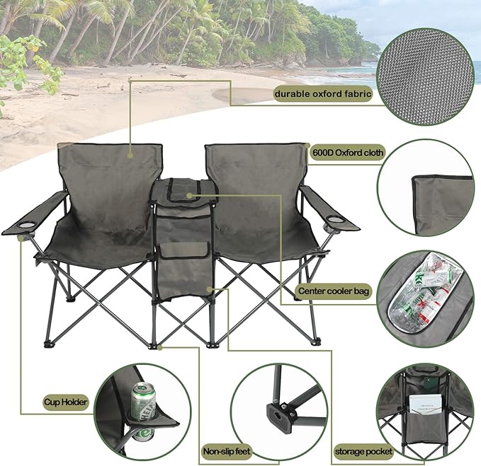 LAZZO Double Folding Camping Chairs Portable Picnic Camping Chairs w/Umbrella Mini Beverage Holder Carrying Cooler Bag Outdoor Picnic Double Folding loveseat Camp Chairs for Beach Patio Pool Park