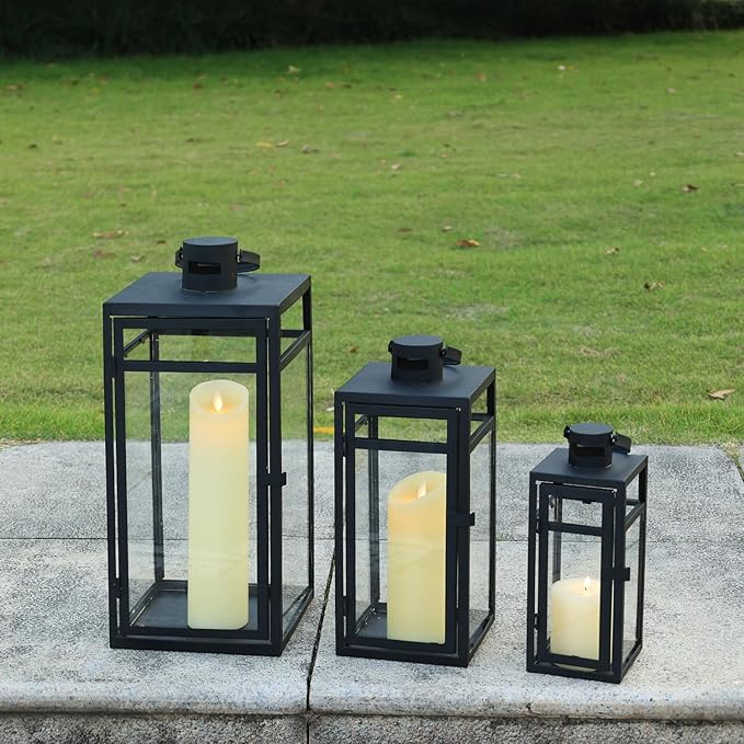 NEEDOMO Stainless Lanterns Decorative Outdoor &amp Indoor Set of 3 Outdoor Lanterns for Porch 22/ 17/14 Candle LanternStainless with Glass Water-Proof Farmhouse Patio Pathway Christmas